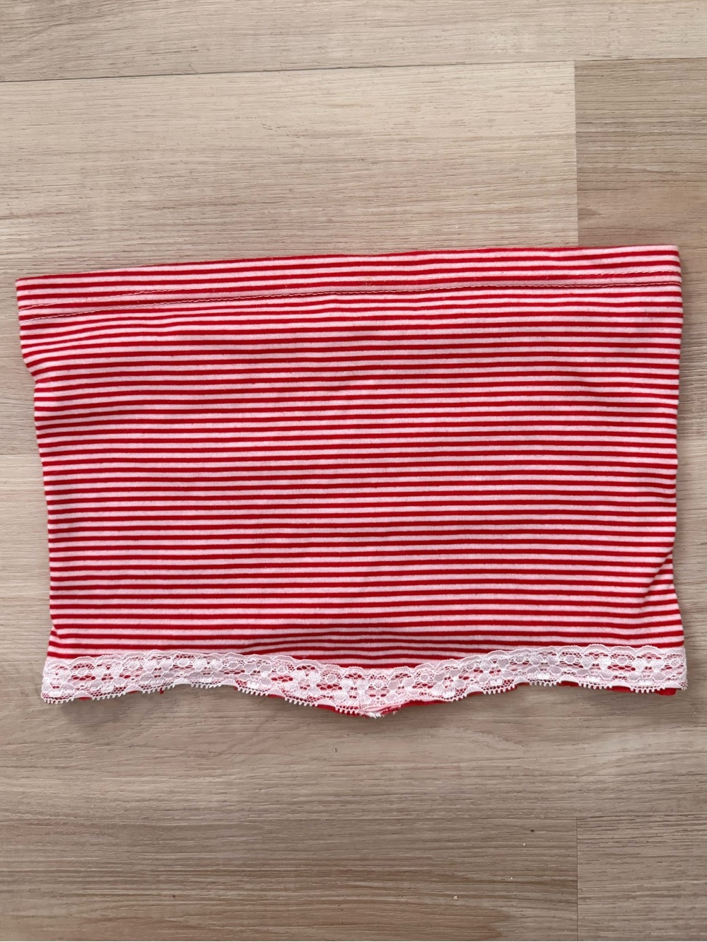 Handmade red and white striped lace tube top